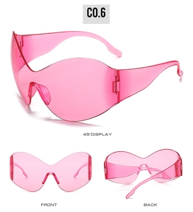 Pink oversized Y2K steampunk sunglasses shown from front, back, and 45-degree angles