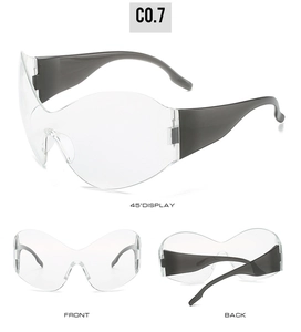 Three-view layout of futuristic steampunk oversized wrap sunglasses in clear finish