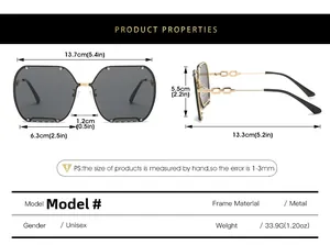 Detailed size chart for rimless sunglasses showing dimensions in centimeters and inches