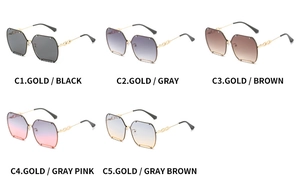 Detailed grid showing five colors of rimless oversized sunglasses with gold chain temples