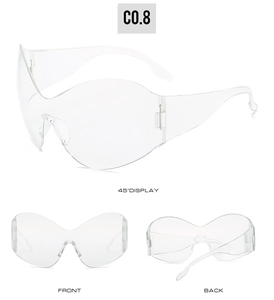 Detailed views of clear Y2K steampunk oversized rimless sunglasses from three angles