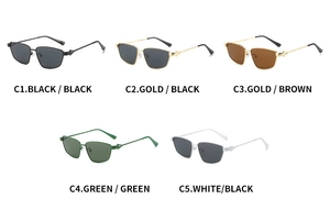 Detailed grid view of five oversized irregular sunglasses in assorted metallic frame colors