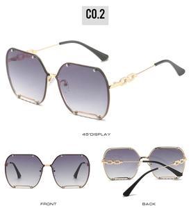 Three-view display of rimless gradient purple sunglasses with golden chain temples