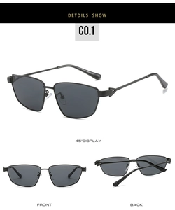 Detailed multi-angle views of oversized black irregular sunglasses with arrow accents
