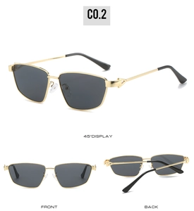 Three perspectives of gold metal frame oversized sunglasses with dark lenses and arrows