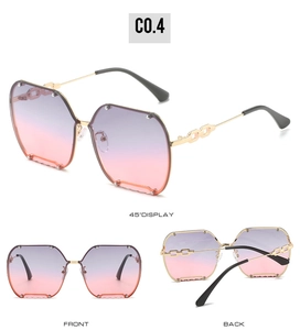 Rimless gradient pink sunglasses detail with metal chain temples and multiple view display