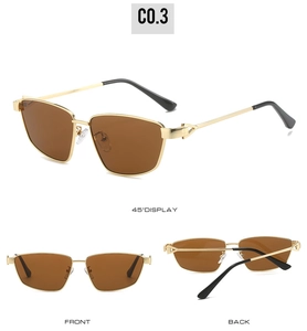 Front and 45-degree angle views of rectangular gold metal frame sunglasses with brown lenses