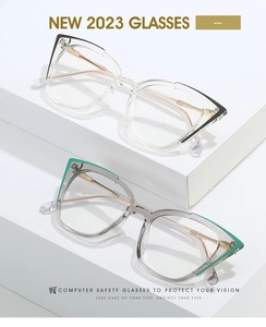 Close-up of cat-eye TR90 frames with silicone nose pads on geometric display