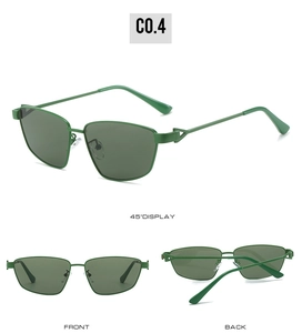 Three-angle views of oversized green metallic sunglasses with dark green lenses and arrows