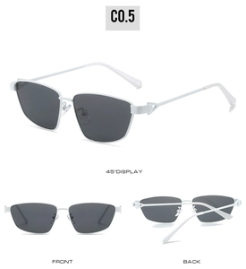 Detailed views of white irregular frame sunglasses with chic arrow decorative temples