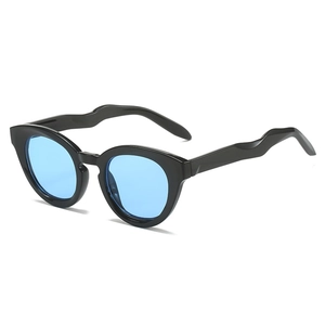 Oval sunglasses with black thick frames and blue lenses featuring wavy temples design