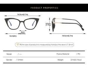 Detailed size chart for lightweight TR90 alloy glasses frame showing dimensions and weight