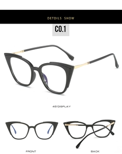 Cat-eye TR90 alloy glasses frame showing 45-degree front and back view details