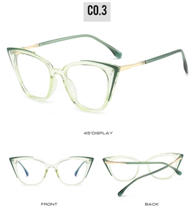 Three-way view of cat-eye glasses frame with green TR90 front and golden alloy arms