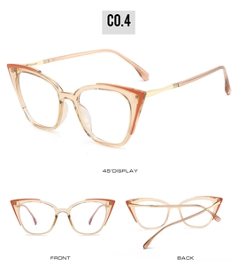 Three-view display of cat-eye TR90 glasses frames in amber and orange with silicone nose pads