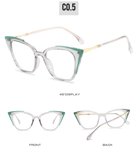 Multi-angle view of cat-eye glasses with transparent frame and green accents