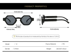 Size chart showing precise dimensions of geometric polygon sunglasses with PC frame