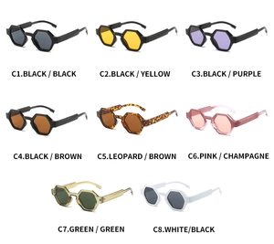 Detailed grid of eight-color hexagonal frame smart sunglasses with thick temple design
