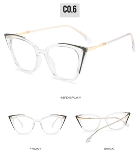 Cat eye glasses frames showing front, back, and 45-degree angles on white background