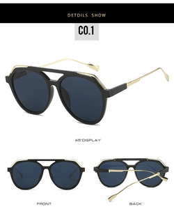 Detail view of double bridge pilot sunglasses with black frame and golden temples
