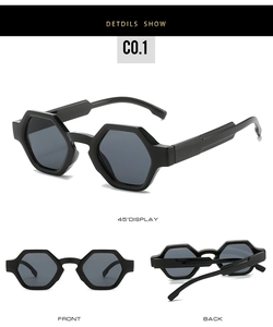 Black hexagonal sunglasses with dark gray lenses shown in front, back, and side views