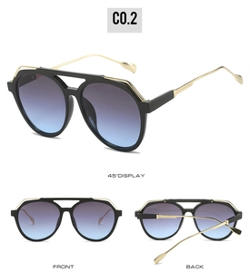 Three-way view of aviator sunglasses with black frames and gradient blue-purple lenses