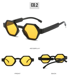 Detailed views of polygon sunglasses featuring black frames and vibrant yellow lenses