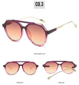 Three-view display of double-bridge aviator sunglasses with purple-pink gradient lenses