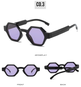 Detailed views of polygon sunglasses with black frames and transparent purple lenses