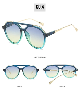 Three views of blue aviator sunglasses with gold temples and gradient lenses