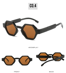 Detailed multi-angle views of black hexagonal sunglasses with brown lenses and 45° display
