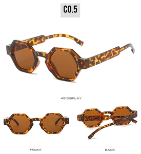 Three views of vintage tortoise polygon sunglasses with tea-colored lenses and C0.5 frame