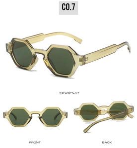 Three views of polygon sunglasses with transparent yellow frames and green lenses