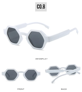 Multiple views of white hexagonal sunglasses with gray lenses from front, back, and 45° angle