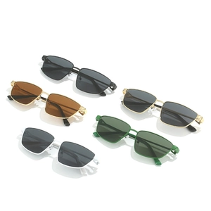 Modern rectangular metal sunglasses set in various colors with dark UV lenses