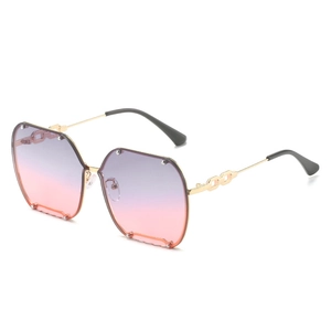 Rimless geometric sunglasses with purple gradient lenses and gold chain temples