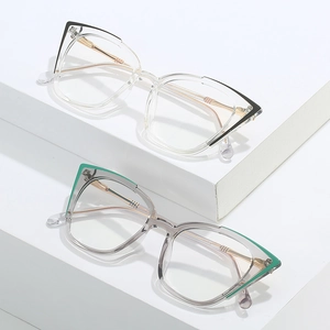 Transparent and smoke grey cat-eye TR90 frames with slim gold metal temples on white pedestal