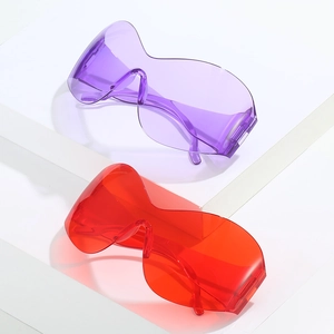 Oversized Y2K steampunk sunglasses in purple and red with futuristic PC frame and lenses