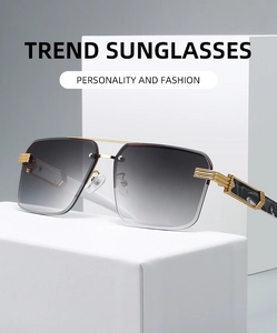 Detail of square rimless sunglasses with gradient lenses and wood-grain texture temples