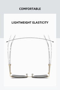 Detail view of lightweight sunglasses with flexible elastic temples and spring hinges