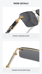 Detail of durable golden hinges and wood texture temples on rimless square sunglasses