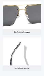 Detail of comfortable nose pads and anti-slip curved wood-patterned sunglasses legs