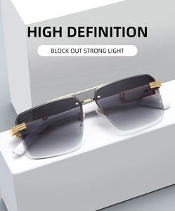 Macro detail of rimless square sunglasses with gold bridge and grey gradient lenses