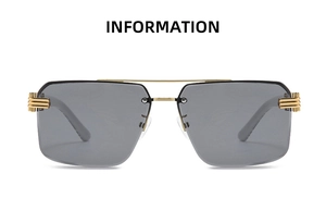Detail of square rimless sunglasses with gold metal bridge and sleek wooden texture temples
