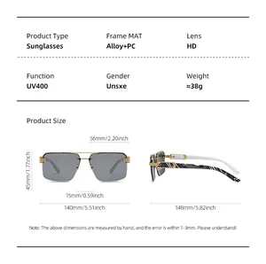 Detailed size chart and specifications for rimless square sunglasses with dimensions