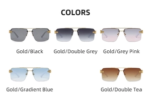 Macro view of five colored rimless sunglasses with gradient lenses and wood grain temples