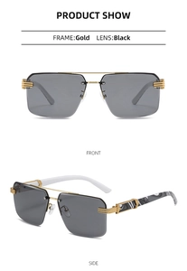 Detail view of square rimless sunglasses with gold bridge and marble pattern temples