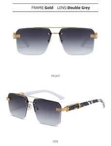 Detail view of gold square rimless sunglasses with marble texture temples and grey lenses