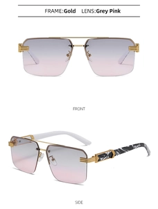 Detail view of square rimless sunglasses with gold accents and marble texture temples