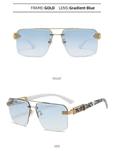 Detail of square rimless sunglasses featuring gradient blue lenses and marble temples